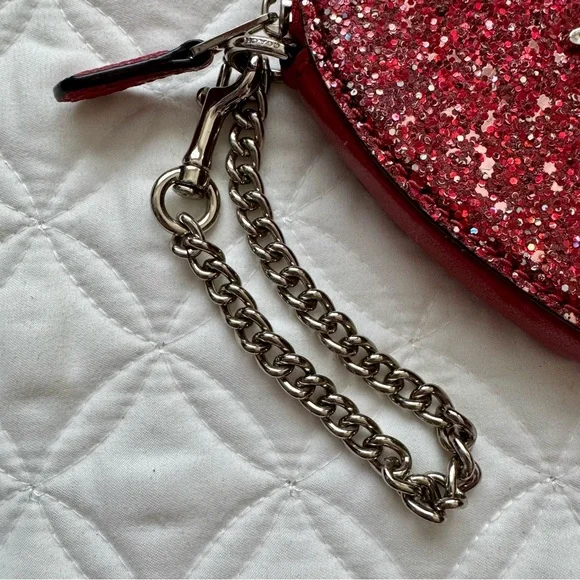 Coach Red Sparkle Glitter Leather Heart Coin Purse Bag Charm Mini Wallet - Picture 3 of 11